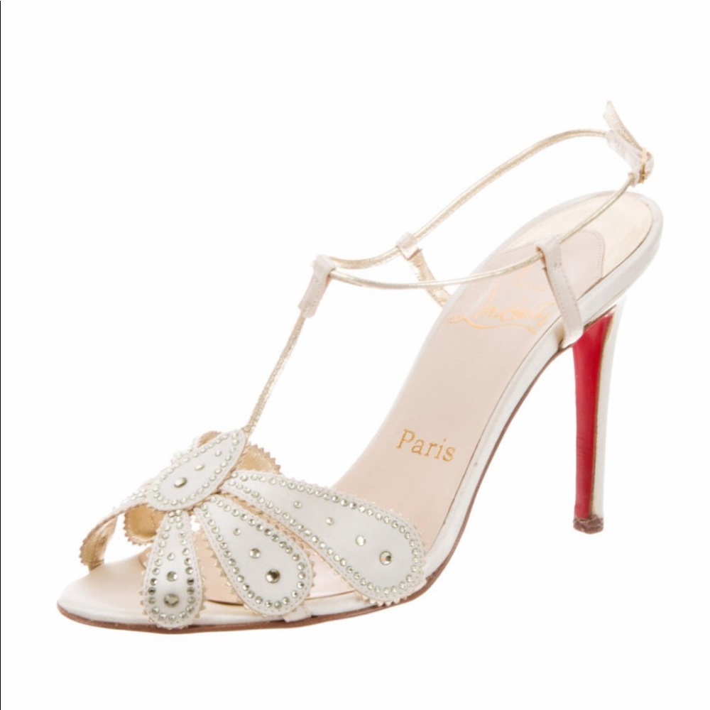 Flawless ivory/beige t-strap heels with Swarovski crystal embellishments.